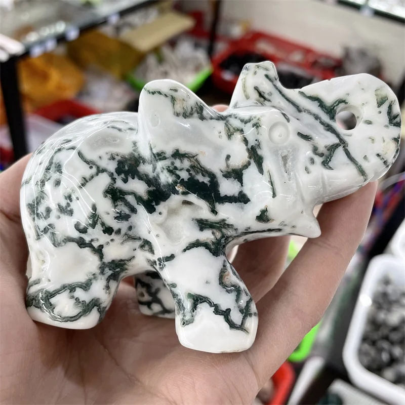 

Натуральный кристалл слон мох Агат животные каменные поделки большая статуя украшение для дома Рождественский подарок
