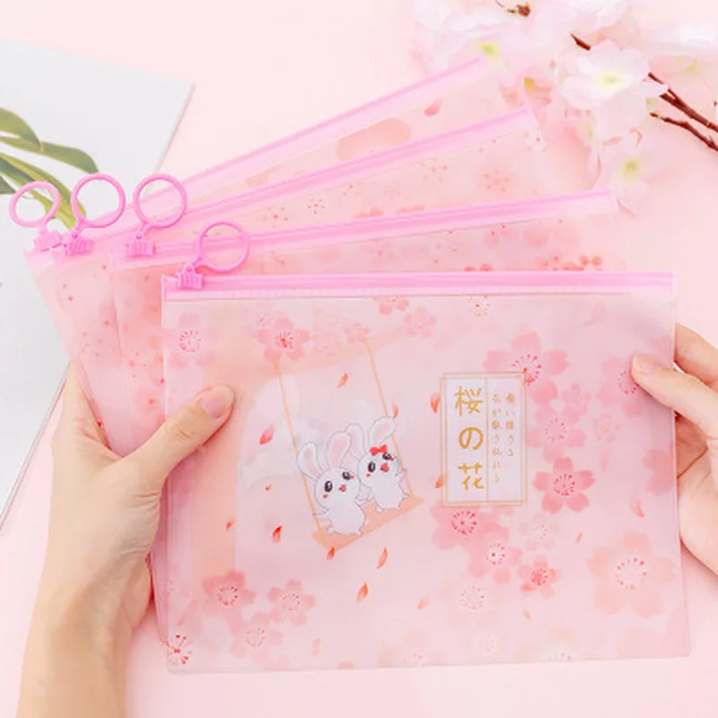 

1pcs Sakura Rabbit File Bag Novelty Stationery Organiser Student Cute File Holder High Capacity Kawaii Bag School Supplies