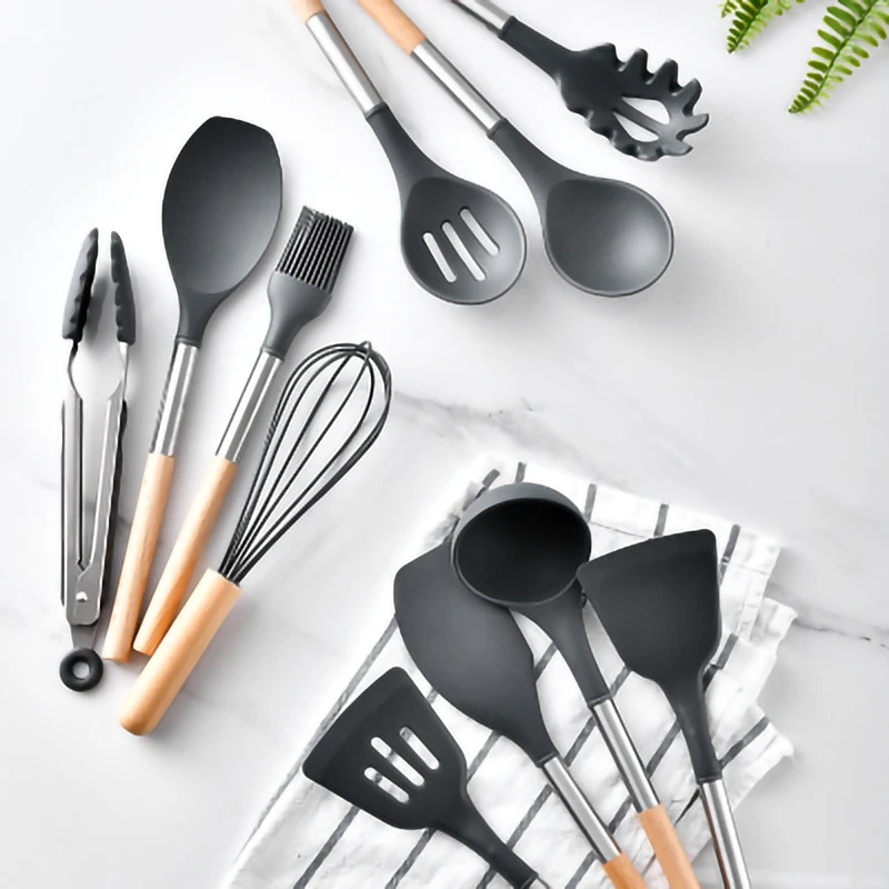 New 12PCS Silicone Kitchen Tools Cooking Sets Turner Soup Spoon Spatula Brush Non-Stick Shovel With Wooden Handle Cooking Tools