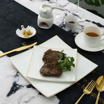 

High Quality European Style Gold Side White Ceramic Plate Vintage Steak Dessert Fruit Dish Kitchen Dinner Utensils Tableware Set