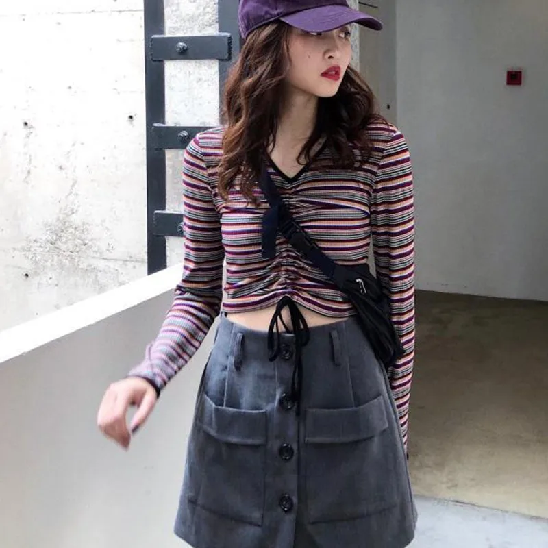

Women Slim V Collar Summer Color Stripes T-Shirt Print Drawstring Long Sleeve Casual Simple Wild T-Shirt
