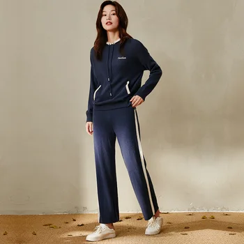 

women's navy hooded cashmere sweaters fleece pullover long sleeve plus size loose Female knitwear 2 piece 2020 Autumn Winter