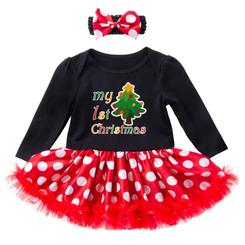 Платье для новорожденных девочек красная одежда в горошек с надписью «my first christmas», Рождественская шапка Санты, платье-пачка с повязкой на голову, комплекты одежды для малышей в полоску - Цвет: 2pcs M