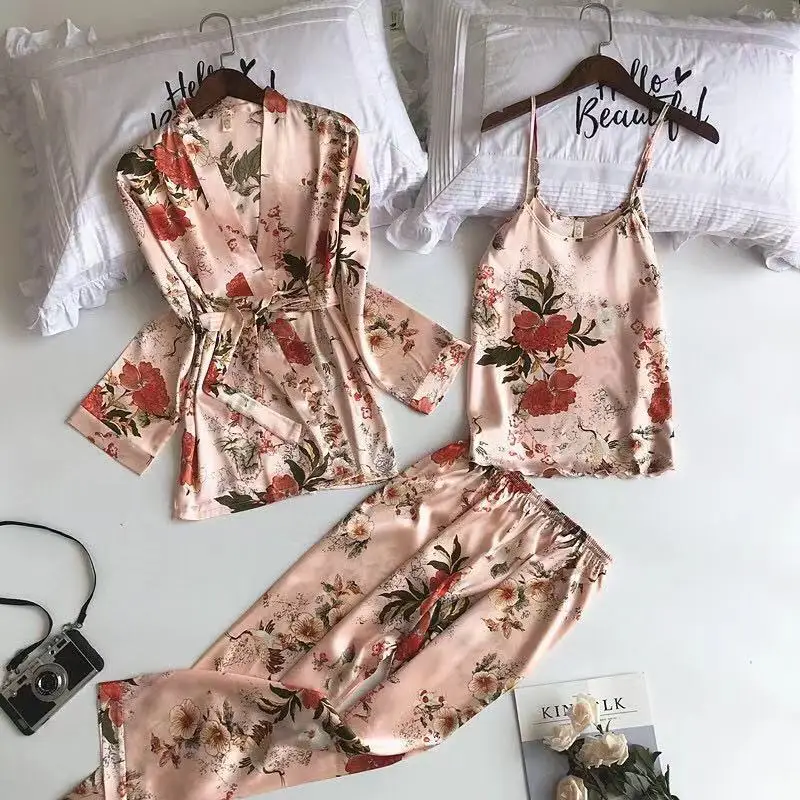 Новые женские пижамные комплекты из 3 предметов с брюками, сексуальная пижама, атласная ночная рубашка с цветочным принтом, шелковое ночное белье, пеньюар, Пижама, одежда для дома