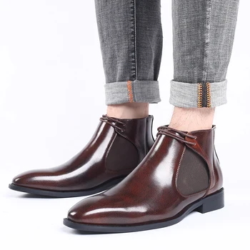 

2020 Italian New Fashion Men Ankle Boots Chelsea Leather Dress Boots Pointed Toe Shoes Elegant Big Size Korean British Style Man