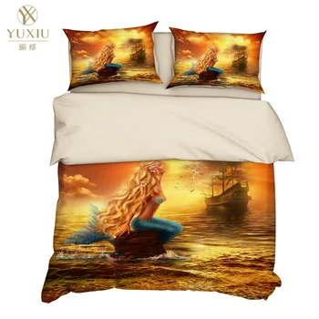 

YuXiu Luxury 3D Bedding Sets Mermaid blue Duvet Covers 3Pcs Bed Linen Quilt Cover King Queen Full Twin Double Single Size