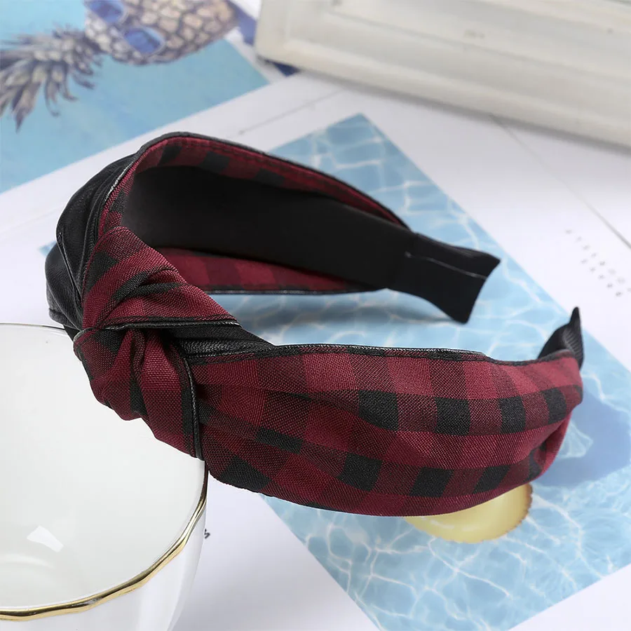 Haimeikang leather PU Stitching Headband Tiara Knotted Bow Wide-brimmed Bezel Head Hoop Korea Houndstooth Hair Accessories - Цвет: Бордовый