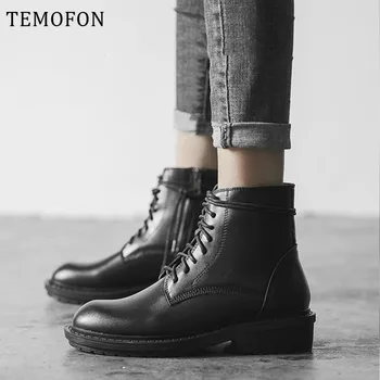 

TEMOFON women's Ankle boots Lace up Chelsea punk martin boots motorcycle female British Thick Heel Autumn Winter shoes HVT1447