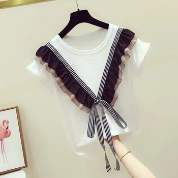

fashion design ruffles bandage women t-shirts 2020 summer new o-neck short lady elegant pulls tops tees outwear top quality