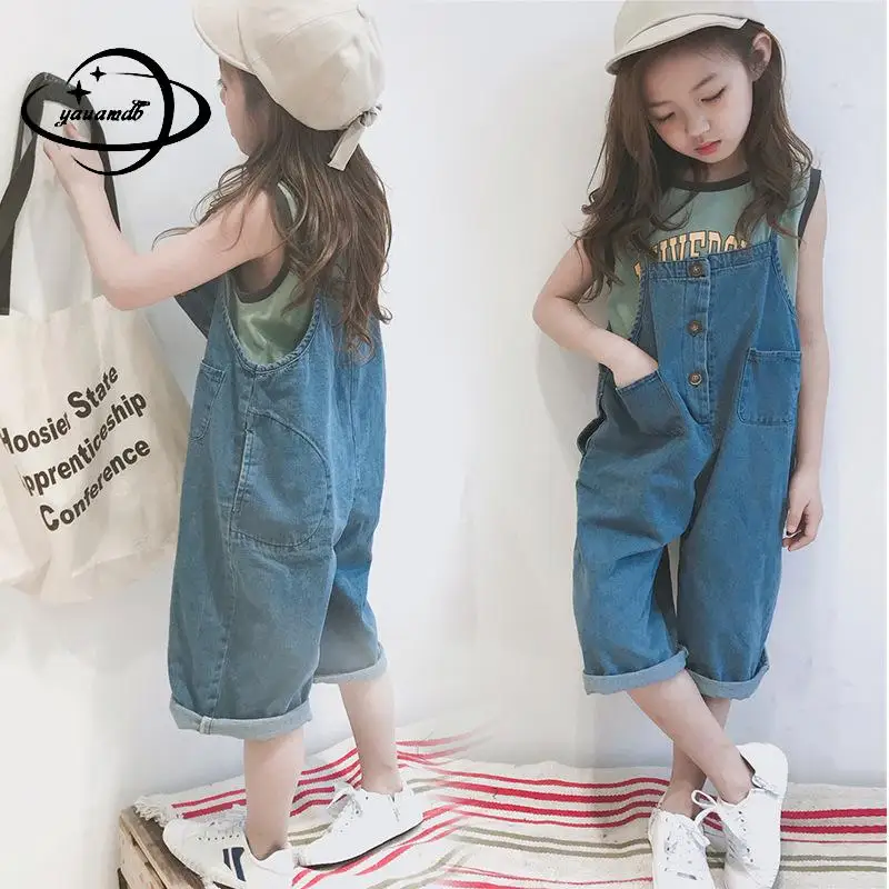 

5-15y Kids Overalls Summer Girls Jumpsuits Pants Button Loose Denim Reversible Garment Soft Pocket Lovely Children Clothes Hy48