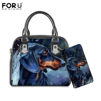 

FORUDESIGNS Dachshund Pattern Women Luxury Design 2pcs Shoulder Bags Ladies PU Leather Tote Handle Fashion Bags Bolsa Feminina