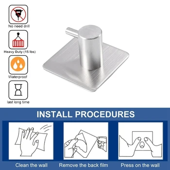 

ABSS-Self Adhesive Hooks 6 Pack, Bathroom Towel Hooks, Office Hooks Hanging Keys Stainless Steel Heavy Duty Wall Hook, Apply to