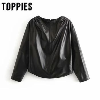 

Black Leather Tops Women Long Sleeve Round Neck Blouses Back Zipper Long Sleeve Shirts Winter Women Clothing