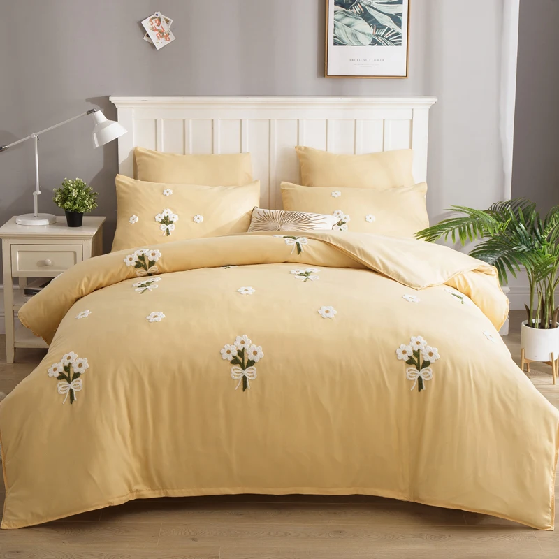 

YAXINLAN bedding set Pure color Flowers European style Pure cotton Embroidery Bed sheet, quilt cover pillowcase 6pcs new product