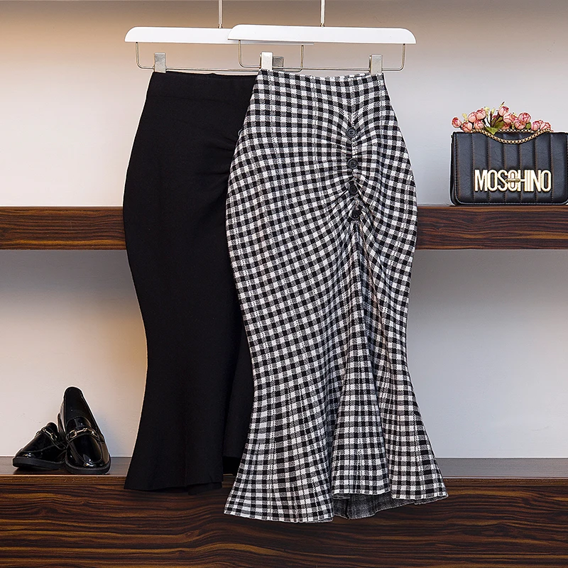 4XL новая женская трикотажная клетчатая юбка, облегающая бедра длинная юбка-годе