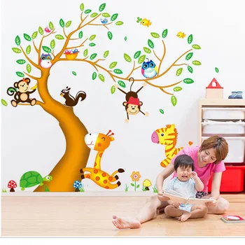 

Listed Owl Monkey Cartoon Animal Tree Double-match Cartoon Wind Wall Stickers