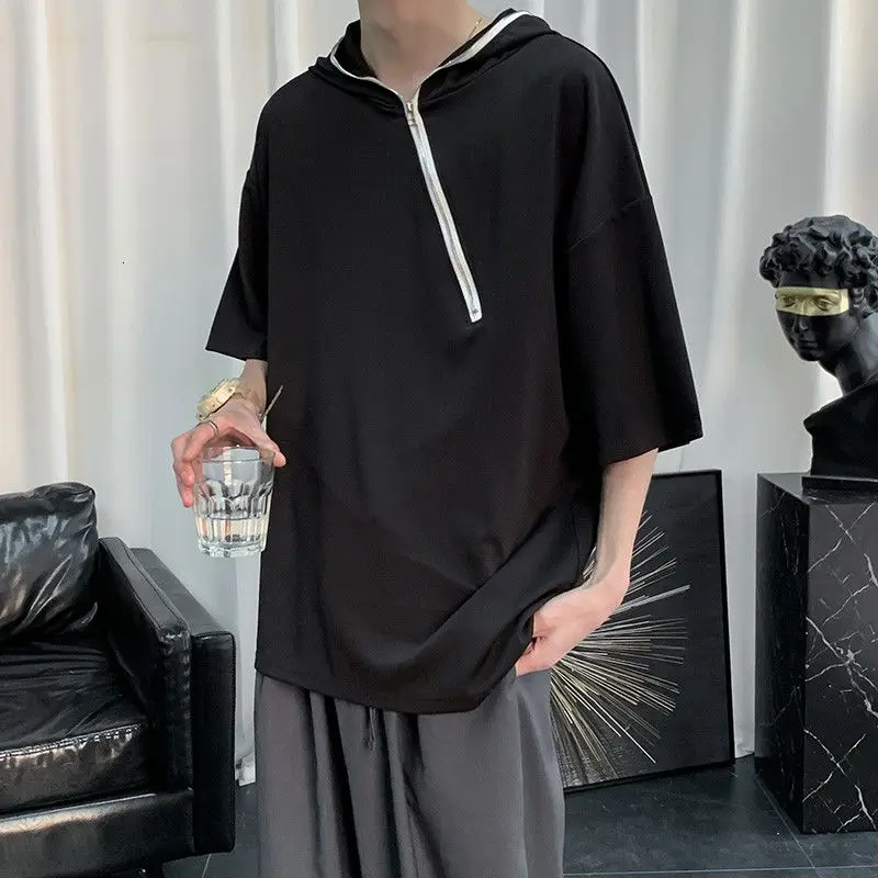 

Летняя мужская футболка с капюшоном, модная однотонная Повседневная футболка, Мужская Уличная одежда, свободная Мужская футболка с короткими рукавами в стиле хип-хоп