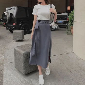 

Korean Fashion Two Piece Set Women Summer White T-shirt Long Skirts Sets Elegant Casual Lace Up Preppy Style Young Outfits 2020