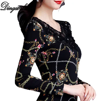 

Dingaozlz M-4XL 2019 Vintage Printed Mesh T shirt Fashion Women clothing Patchwork Lace Tops Long sleeve Plus size Lady Shirt