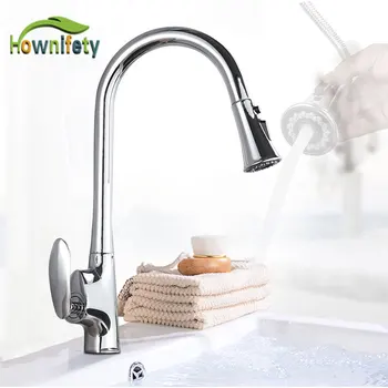 

Chrome Kitchen Faucet hot Cold Mixer Tap Deck Mount Rotatable 2- Function Modes pull out spout Design sink faucets