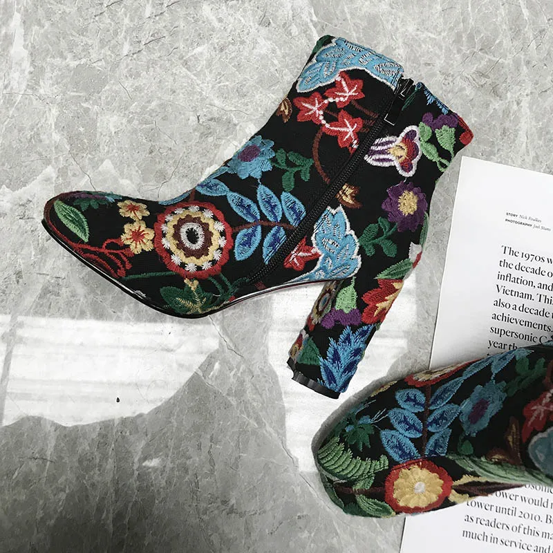 Phoentin flower enbroider ankle boots women's high-heeled shoes 2020 new arrival boots femmes shoe woman boot zip size 43 FT1083