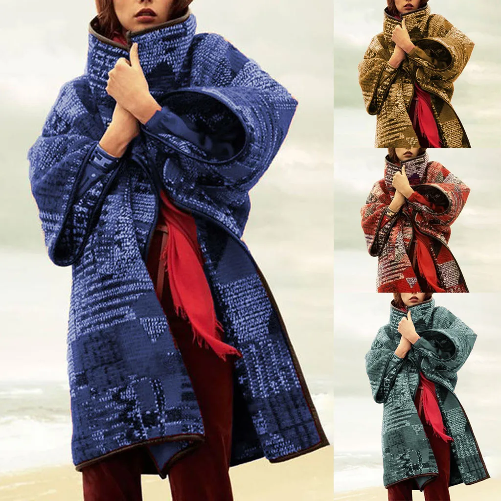 Осень Зима Женское Ретро шерстяное пальто свободный принт длинный Тренч размера плюс S-3xl офисное Женское пальто# J30