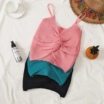 

V-neck Twist Chic Summer Girls Tee Women Knitted Sweater 2020 New Ladies Tank Pullover Jumper
