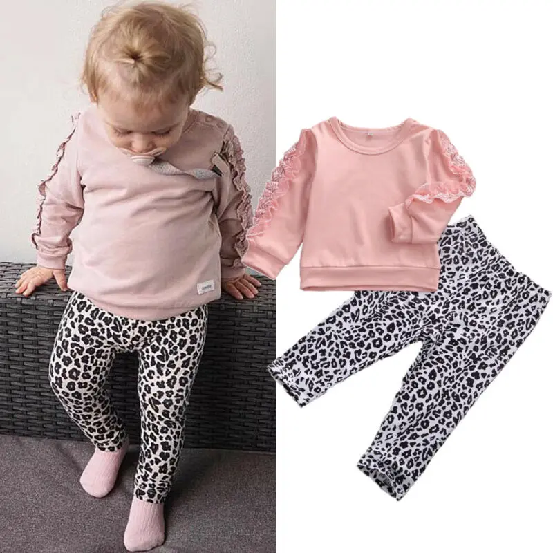 

2019 Kids Baby Girl Winter Clothes Sets Solid Pullover Lace Ruffle Tops Leopard Leggings Pants Outfits