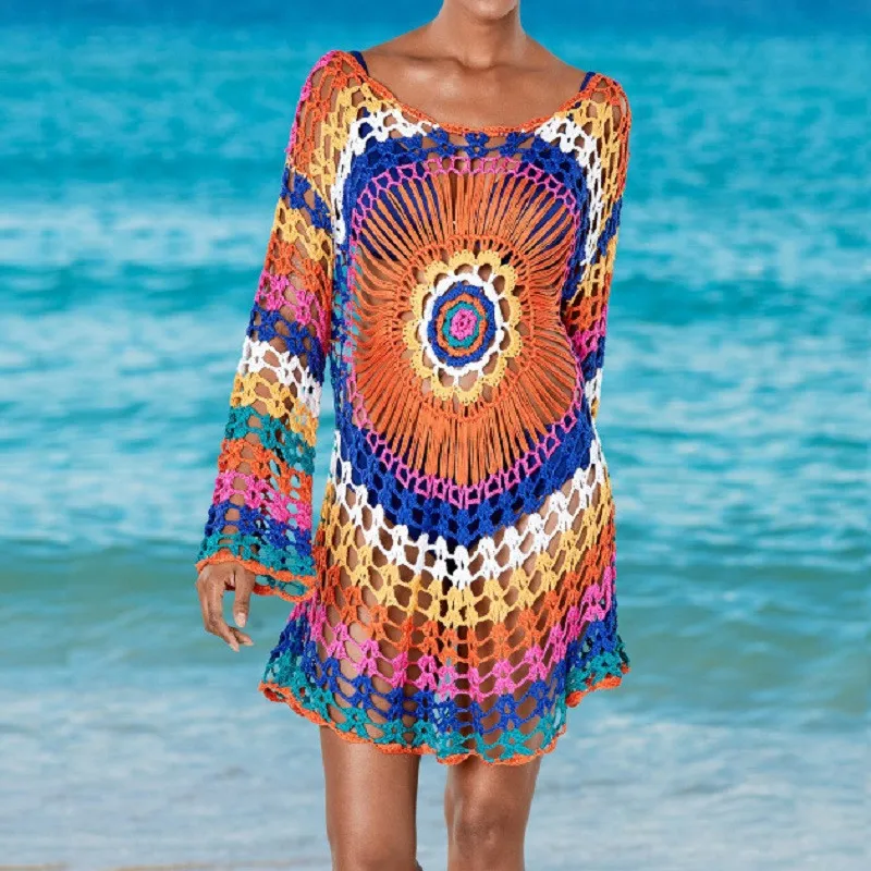 

Mesh Crochet Bikini Cover Up Women Sexy Fishnet Hollow Out Tunic Beach Dress 2021 Summer Girls Boho Swimsuit Beachwear Sarong