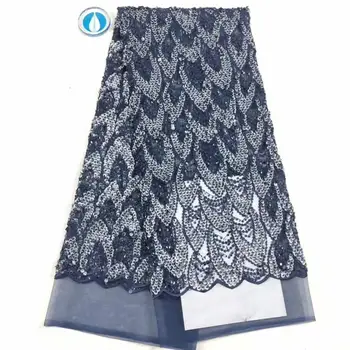 

Navy blue 3D sequin embroidery French tulle lace skirt fabric, cheap tulle lace fabric FFD-1111
