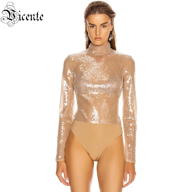 Женский сетчатый комбинезон с блестками клубный длинным рукавом боди для