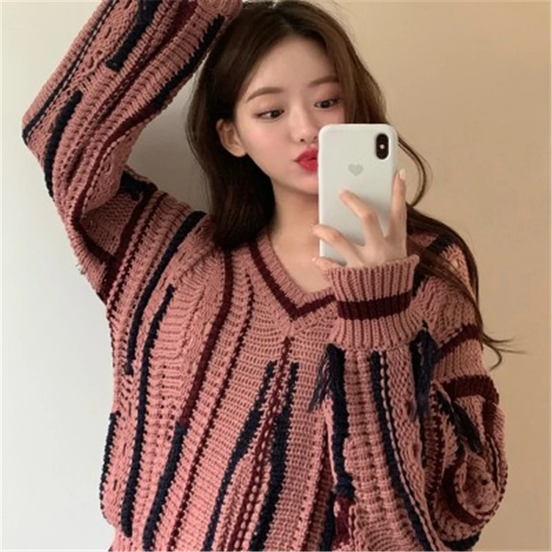 

Irregular Tassel Knit Pullover Sweater Women Winter Casual Loose V-neck Vertical Stripes Jumpers Female Warm Tops