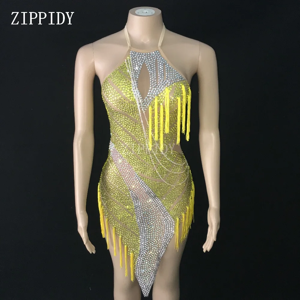 

Fashion Yellow Rhinestones Fringes Latin Dress Women Birthday Celebrate See Through Mesh Dress Stage Costume Dance Outfit YOUDU