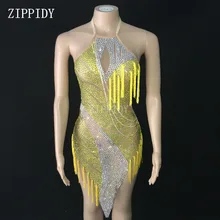 Модные желтые стразы, бахрома, латинское платье для женщин, день рождения, празднование, прозрачное Сетчатое платье, сценический костюм, танцевальный наряд YOUDU