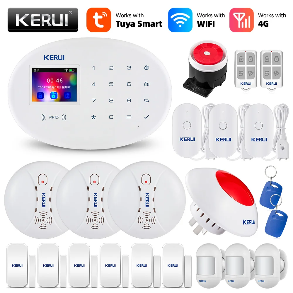 sound alarm device KERUI Tuya WIFI GSM 4G Smart Home Security Alarm System RFID APP Wireless Siren Sensor Detector IP Camera Sistema de alarmas security led lights Alarms & Sensors