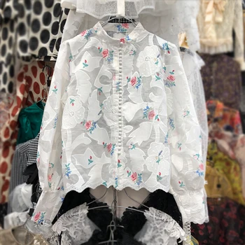 

White Pink Blouse Women 2020 Spring Summer New National Trends Vintage Long Sleeve Thin Shirt 3D Embroidered Blouses Blusas