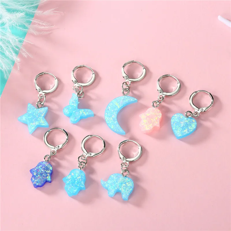 

Dayoff Europe Star Moon Hand Resin Hoop Earrrings Women Jewelry Geometric Small Elephant Animal Circle Earrings Christmas Gift