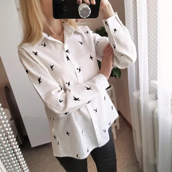 

Birds Printed 35% Cotton Linen Women Shirt Single Breasted Turndown Collar Female Shirts 2020 Autumn Loose Casual Ladies Clothes