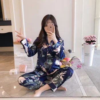 

Long Sleeve Silk Pajamas Spring Autumn Winter Women Pajama Sets Print Sleepwear Pyjamas Plus Size 3XL 4XL 5XL 85kg Nightwear Set