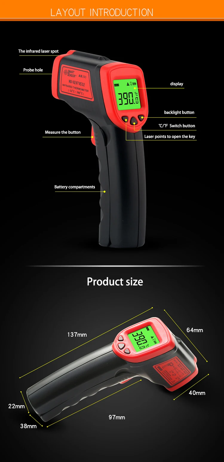 AS390 лазерный инфракрасный термометр ручной измеритель температуры пистолет измерение температуры
