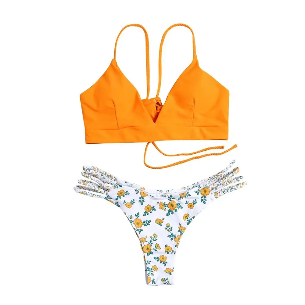 CHAONAN, сексуальный Одноцветный бикини,, с цветком, два предмета, Женский комплект бикини, пуш-ап, купальный костюм# G - Цвет: Orange