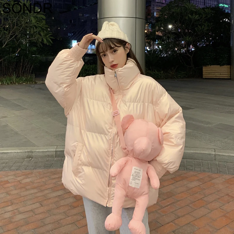 

Cute Pink Glossy Jacket Women 2020 Winter Zipped Bread Down Parkas Female Korea Turtlenecks Cotton Padded Bright Punk Coat Girl