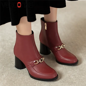 

VERCONAS Women Ankle Boots Autumn Winter New Concise Office Lady Metal Chain Shoes Woman Genuine Leather Thick Heels Short Boots