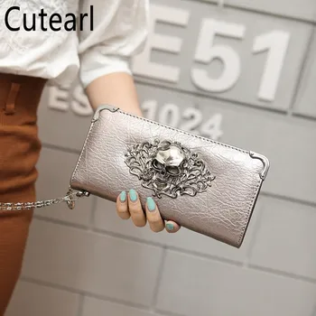 

WFashion Metal Skull Pattern Long Lady Wallets Wristlet Handbags Patchwork PU Phone Pocket Purse Women Card Holder ID Gift