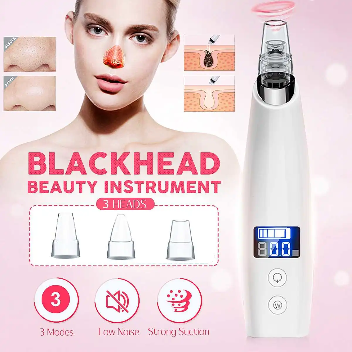 

Electric Blackhead Suction Remover 3 Gears Dry Oily Normal Skin Deep Cleanning Pores Dead Skin Cells Removal Machine with 4 Tips