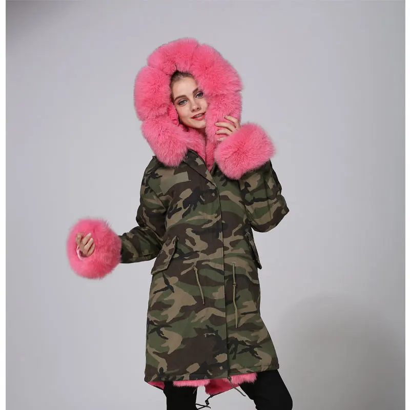 2019 Camouflage long russia big fox fur parka women super warm real fur coat