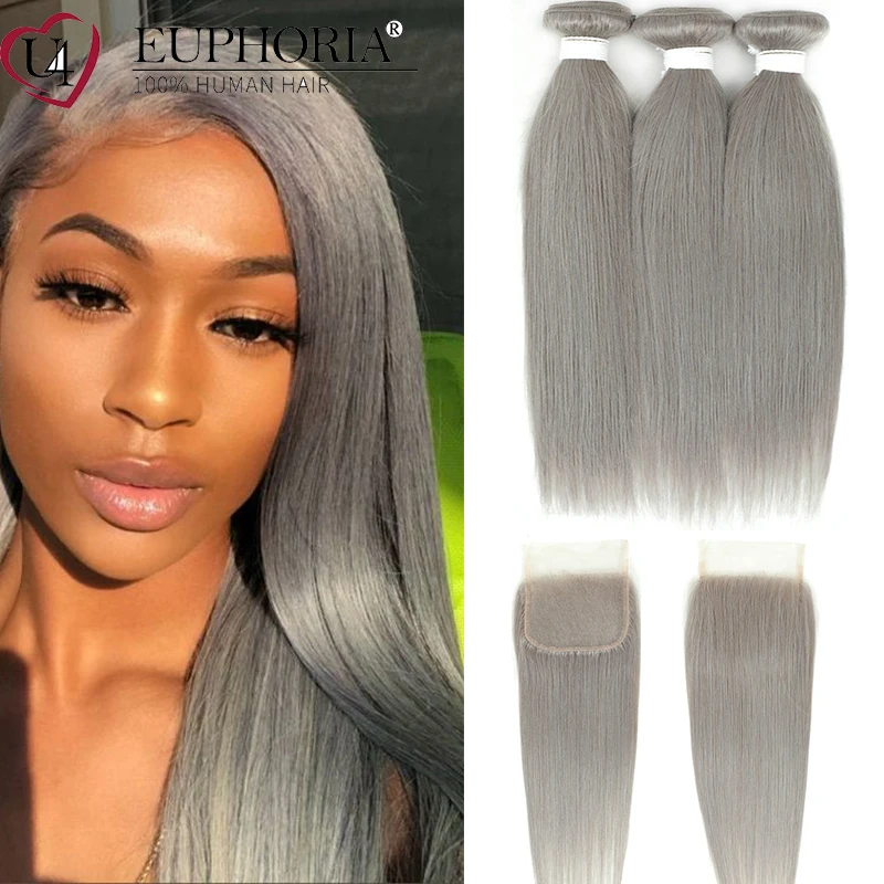 Straight Hair Grey 4-Bundles Lace Closure Color Frontaleuphoria Brazilian with Silver