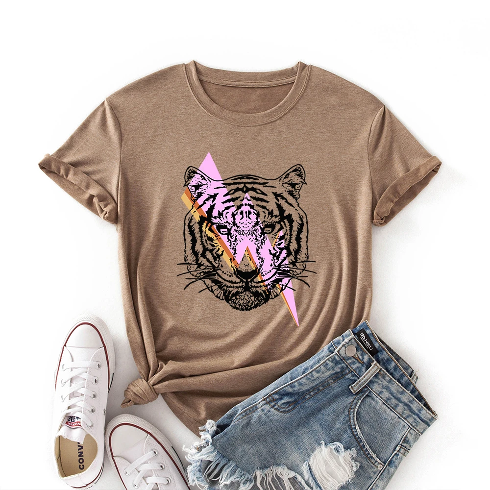 New Summer Women Tops Cartoon Tiger Graphic Printed T Shirt Fashion Round Neck Woman Clothing Short Sleeve Cotton Tshirts Tees long sleeve t shirts