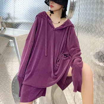 

XUXI Autumn 2020 Women Suit Long Sleeve Hooded Collar Sweater Fashion Large Size Shorts Pants 2-piece Set FZ2551