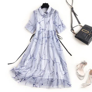 

Tencel/Lyocell Assorted Preppy Style Print DRESS To Knee-Length Turn-down Collar Vestido Casual Corto Beautiful Dresses